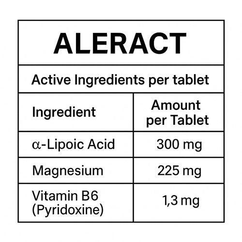 Square table on white background showing Aleract active ingredients per tablet: α-Lipoic Acid 300 mg, Magnesium 225 mg, Vitamin B6 (Pyridoxine) 1.3 mg