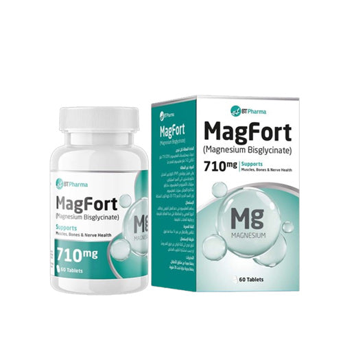 Bottle of BT Pharma Magfort Magnesium 710mg capsules for daily wellness and high absorption