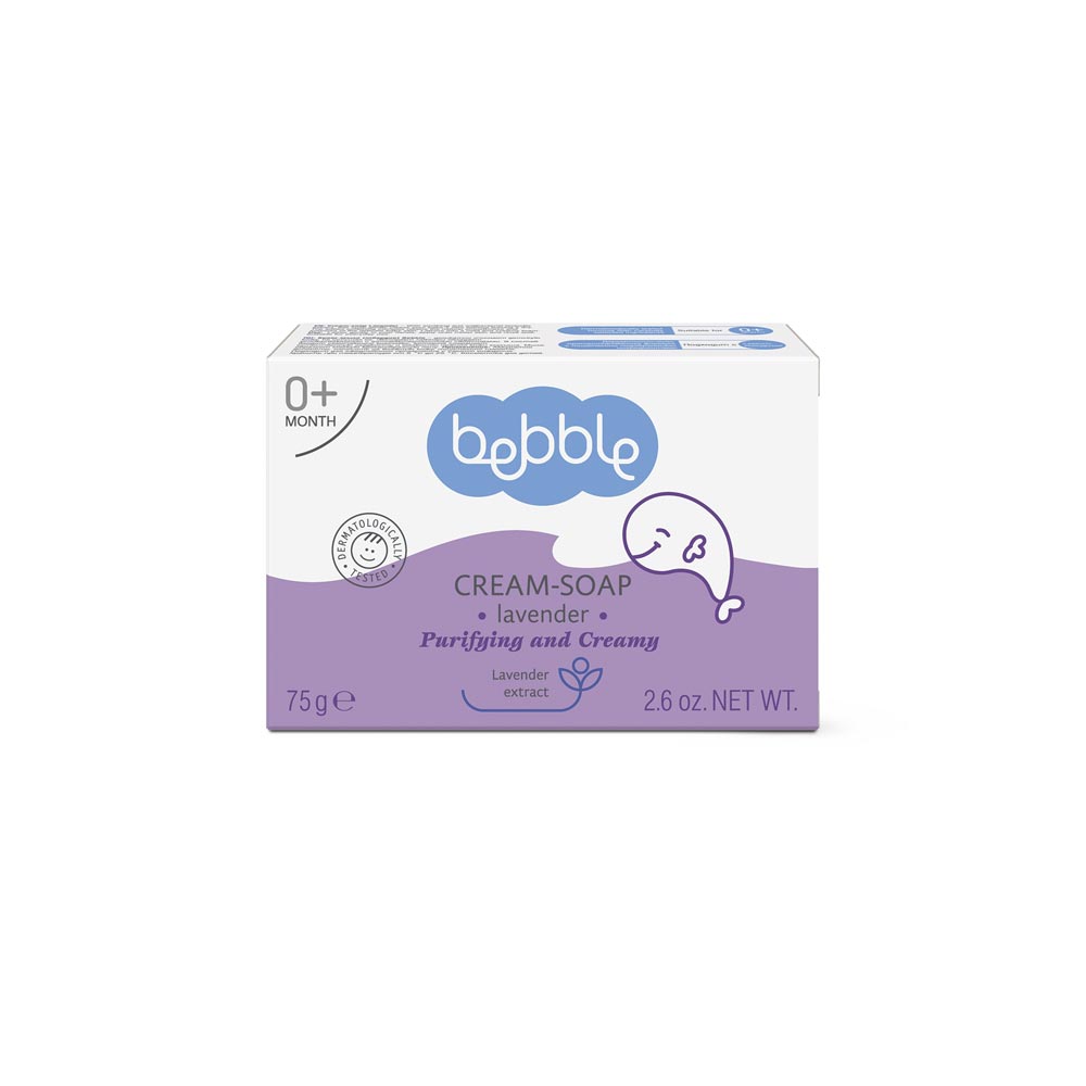 Box of Bebble Cream-Soap Lavender with a purple and white design, indicating it is a cream-based soap with lavender fragrance, suitable for babies.