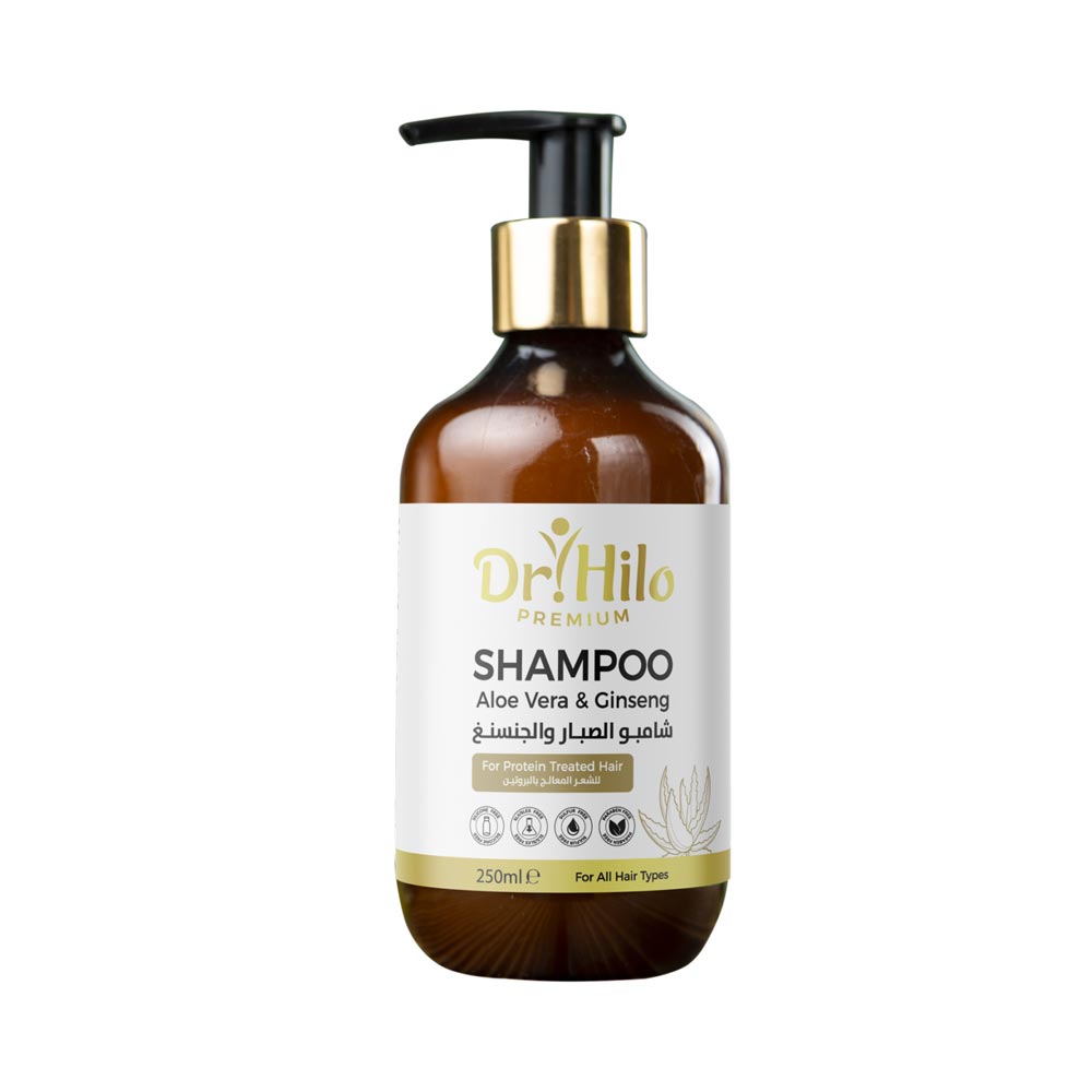 Dr. Hilo Aloe Vera & Ginseng Shampoo bottle for protein-treated hair, enhancing strength and smoothness.