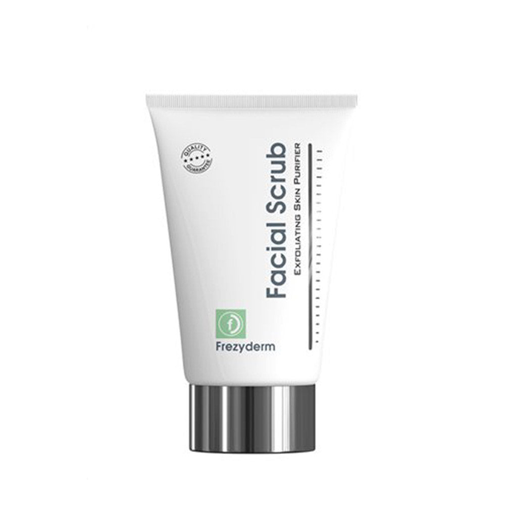 Frezyderm Facial Scrub 100ml gently exfoliates with jojoba grains, removes dead skin, and leaves skin smooth and radiant