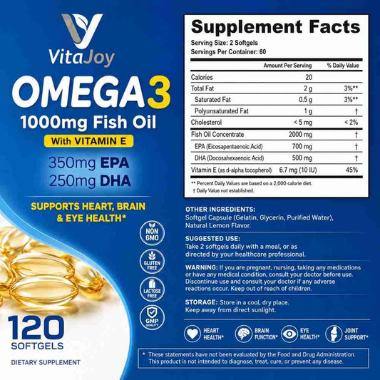 VitaJoy Omega 3 supplement facts label with EPA DHA omega-3 content, vitamin E, dosage instructions, ingredients, and storage information.