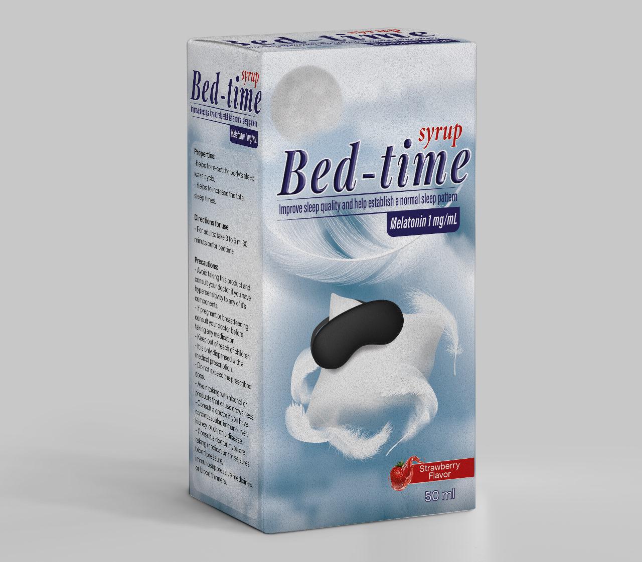 Box of 'Bed-time' syrup with a sleep mask on a gray background