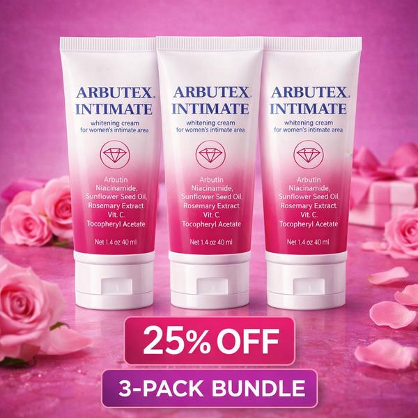 Three-pack bundle of Arbutex Intimate Whitening Cream with 25% discount, featuring three 40ml tubes displayed on a pink background for women’s intimate skincare.