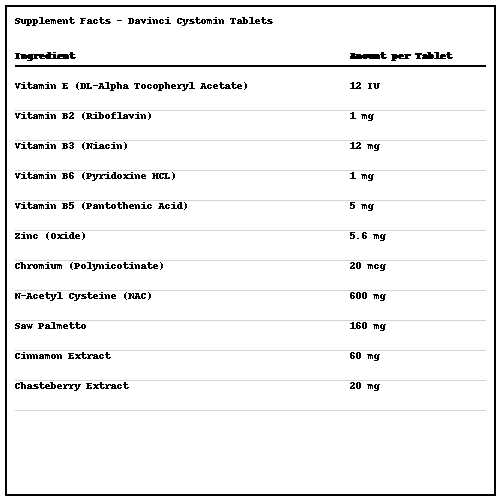 Supplement facts table for Davinci Systemin Tablets with various vitamins and minerals listed.