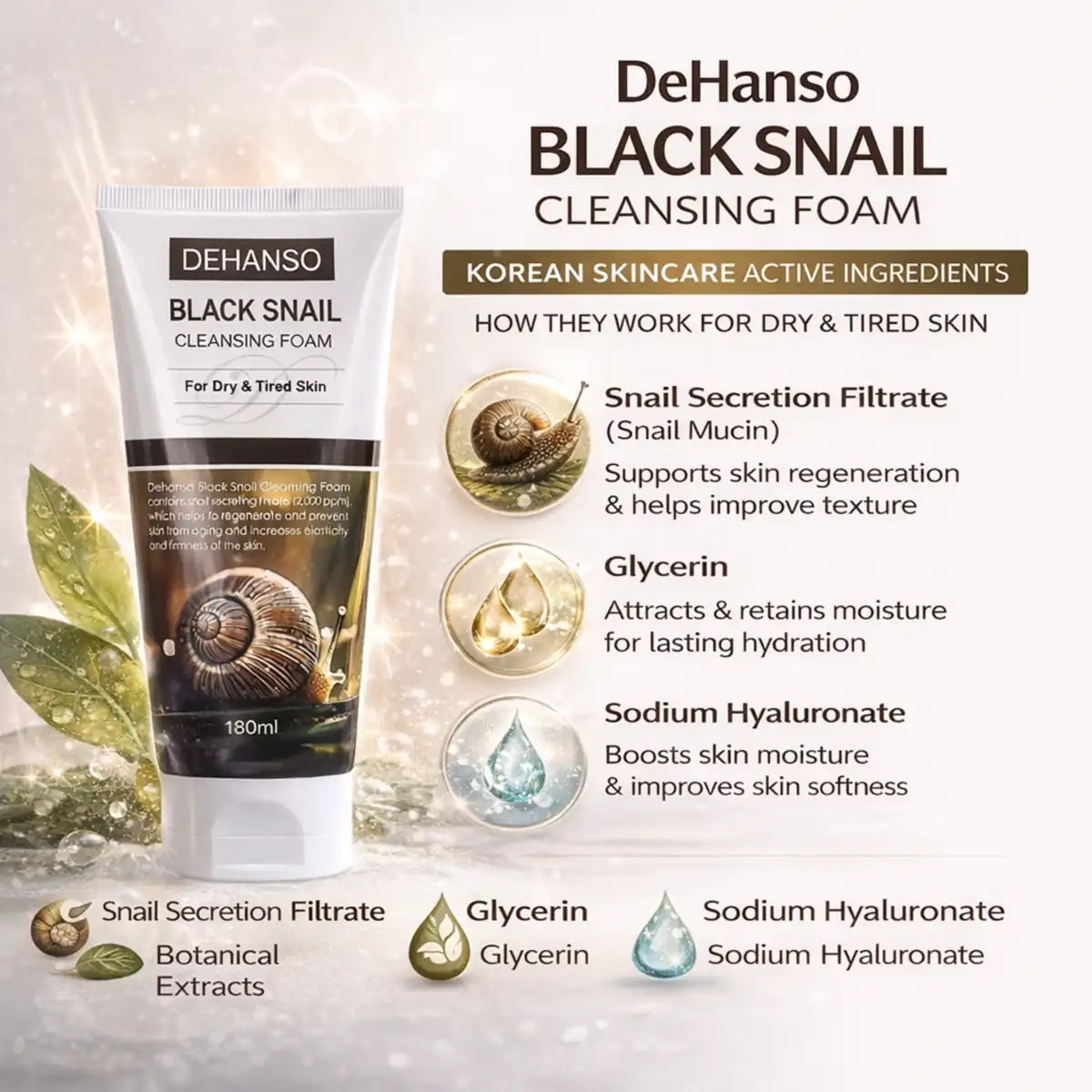 DeHanso Black Snail Cleansing Foam active ingredients snail mucin glycerin sodium hyaluronate Korean skincare hydrating cleanser for dry skin