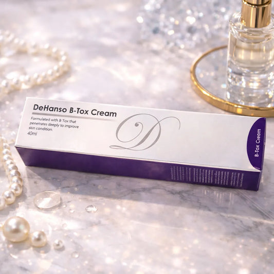 DeHanso B-Tox Cream luxury skincare product with pearls and marble background
