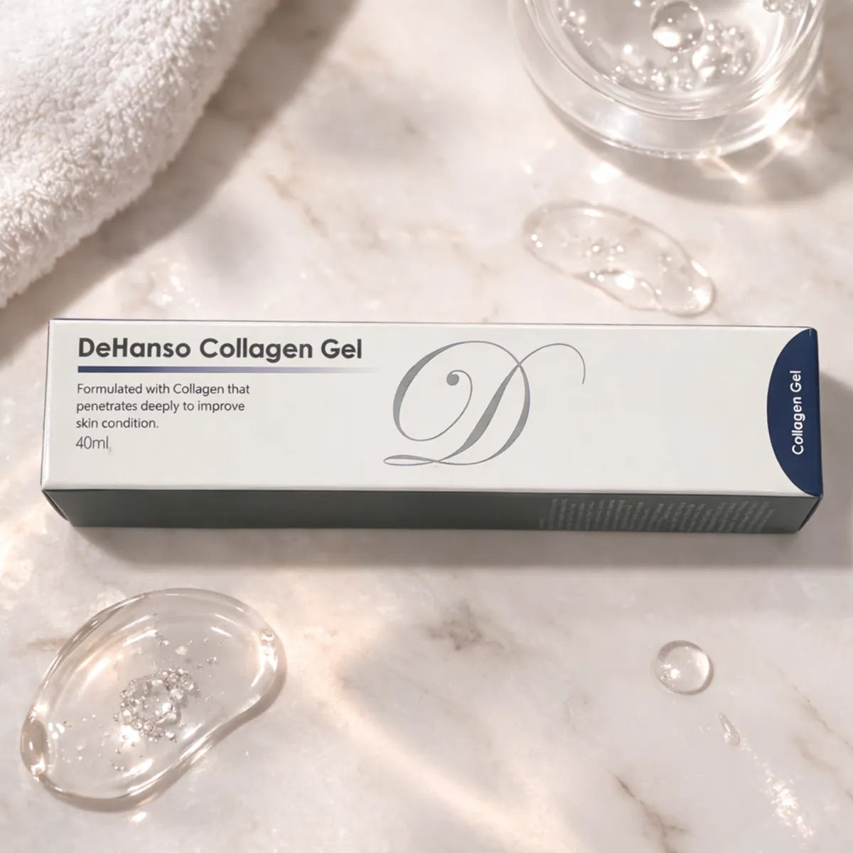 DeHanso Collagen Gel anti-aging skincare product on marble with collagen serum texture