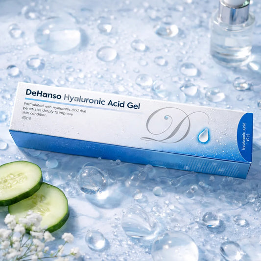 DeHanso Hyaluronic Acid Gel hydrating lifestyle image with water droplets and cucumber