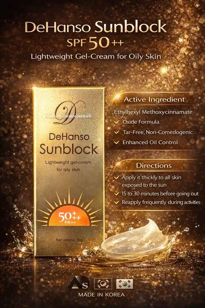 DeHanso Sunblock lightweight gel cream SPF 50 PA++ for oily skin sunscreen infographic showing active ingredient and directions.
