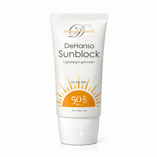 DeHanso Sunblock lightweight gel-cream SPF 50 PA++ sunscreen tube for oily skin on white background.