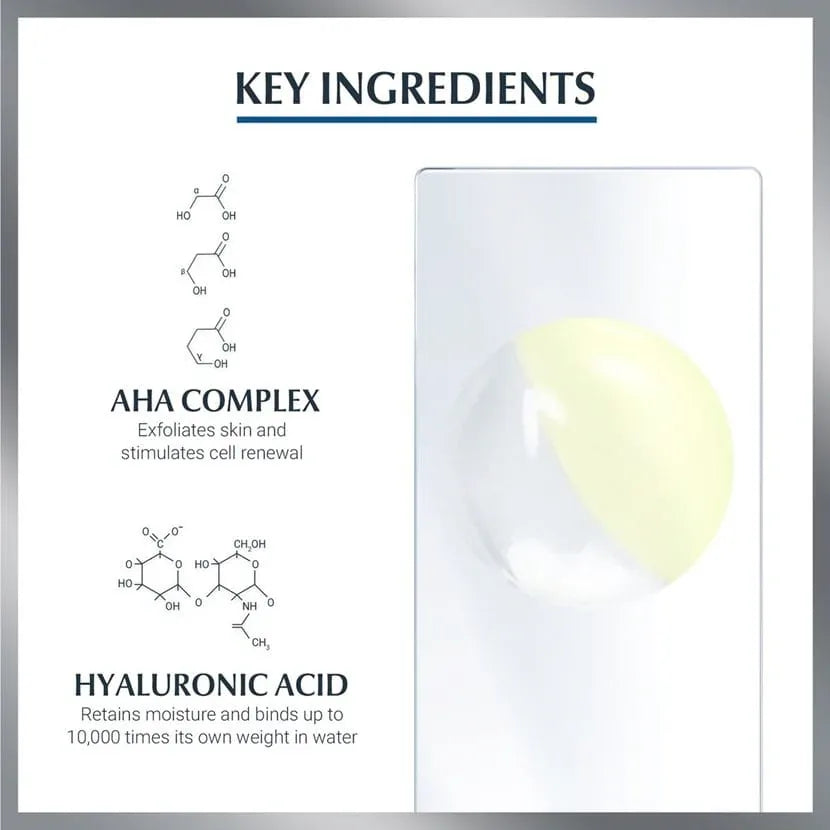 Key ingredients of Eucerin Hyaluron-Filler Night Peeling & Serum showing AHA complex and hyaluronic acid