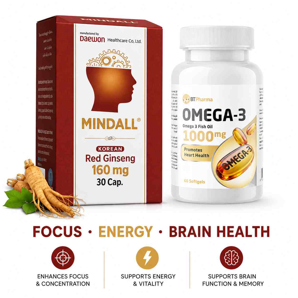 Mindall Korean Red Ginseng + Omega-3 - Focus, Energy & Brain