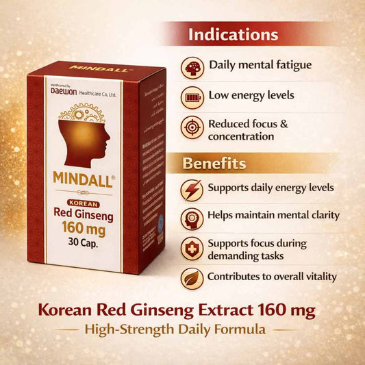MINDALL Korean Red Ginseng 160 mg supplement box with benefits and indications for mental fatigue, energy support, focus, and cognitive performance