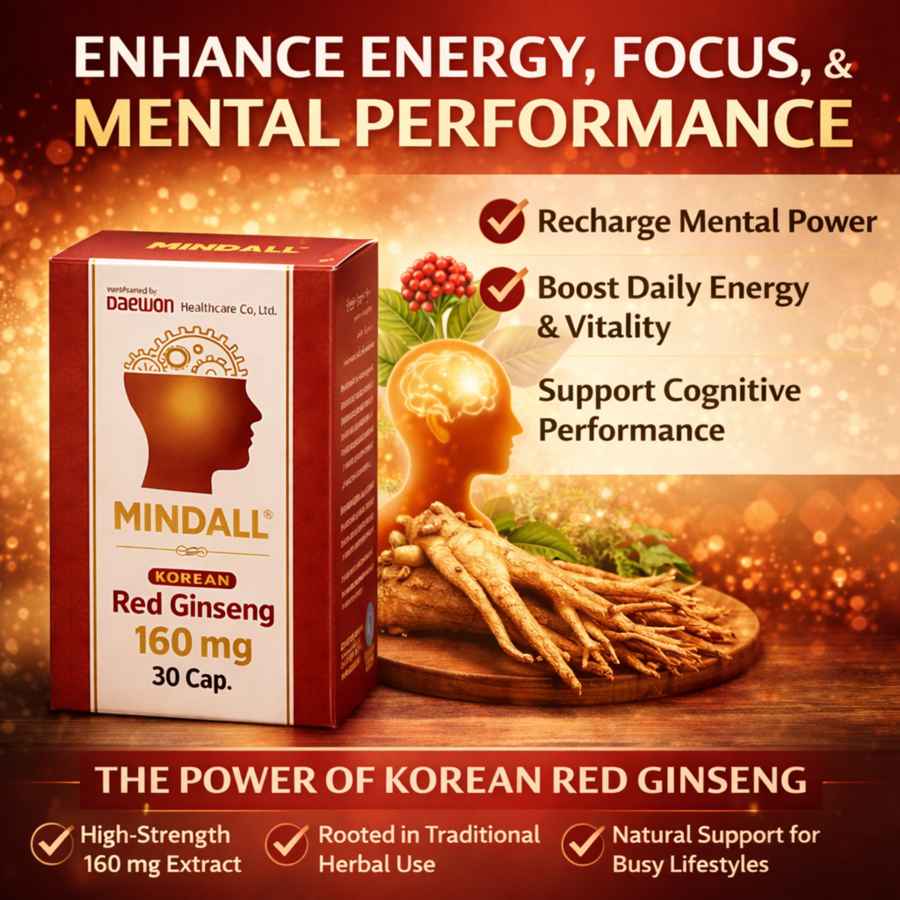 MINDALL Korean Red Ginseng 160 mg supplement with energy, focus, and mental performance benefits for daily vitality and cognitive support