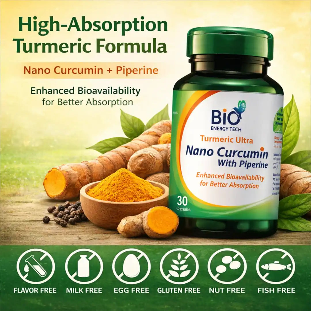 Nano Curcumin with Piperine high absorption turmeric supplement capsules with enhanced bioavailability gluten free milk free egg free formula icons visible