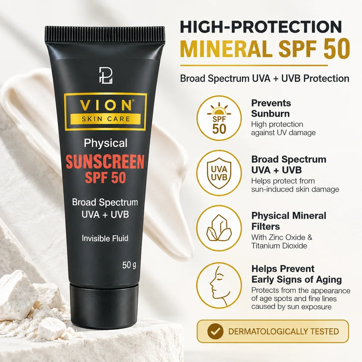 VION Physical Sunscreen SPF 50 Invisible Fluid with Zinc Oxide and Titanium Dioxide for Broad Spectrum UVA UVB Protection