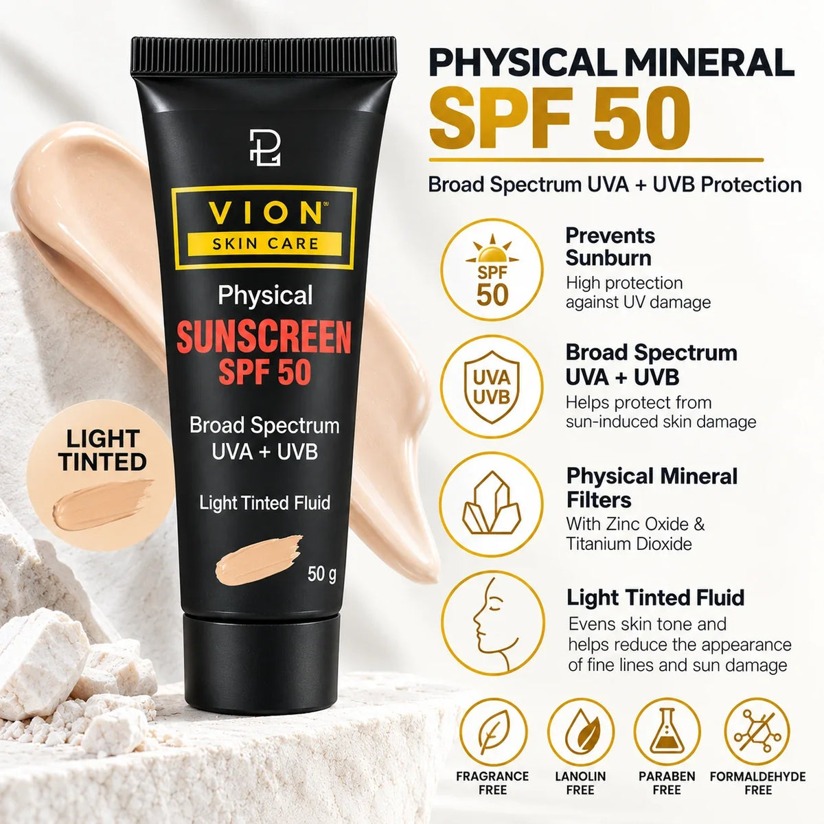VION Physical Mineral Sunscreen SPF 50 Light Tinted Fluid with Broad Spectrum UVA UVB Protection, 50g
