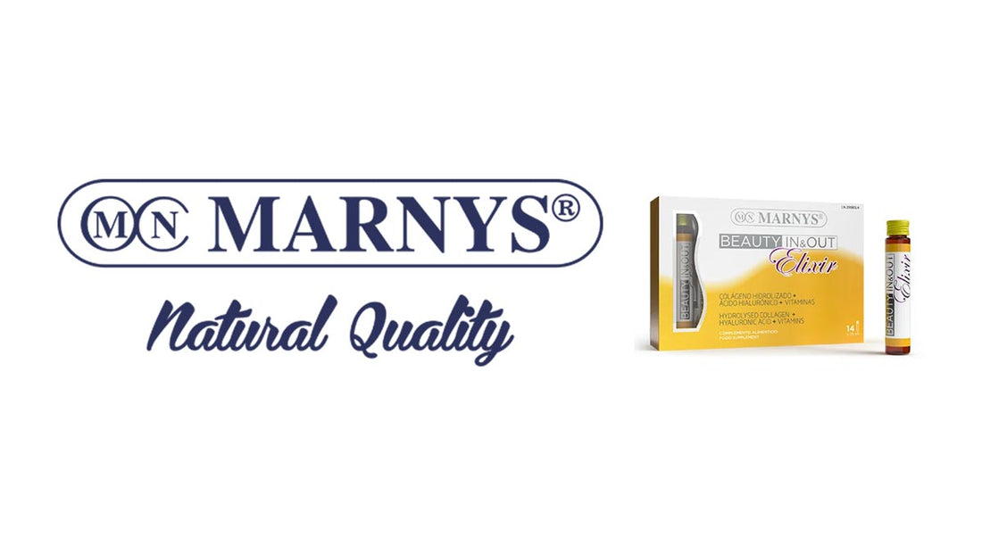 Image of Marnys Beauty In & Out Elixir bottle with ingredients like collagen, hyaluronic acid, and vitamins, promoting radiant skin, hair, and nails