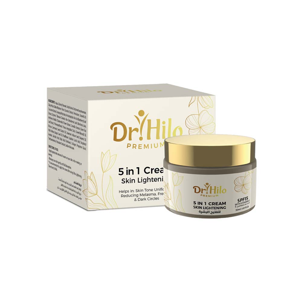 Dr. Hilo 5 in 1 Lightening Cream with turmeric, licorice, and vitamins for skin brightening and acne reduction.