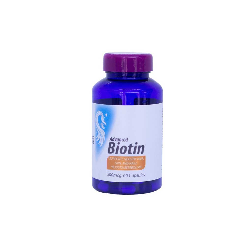 Advanced Biotin 500 mcg capsules, 60-count, for healthy hair, glowing skin, strong nails, and improved metabolism.