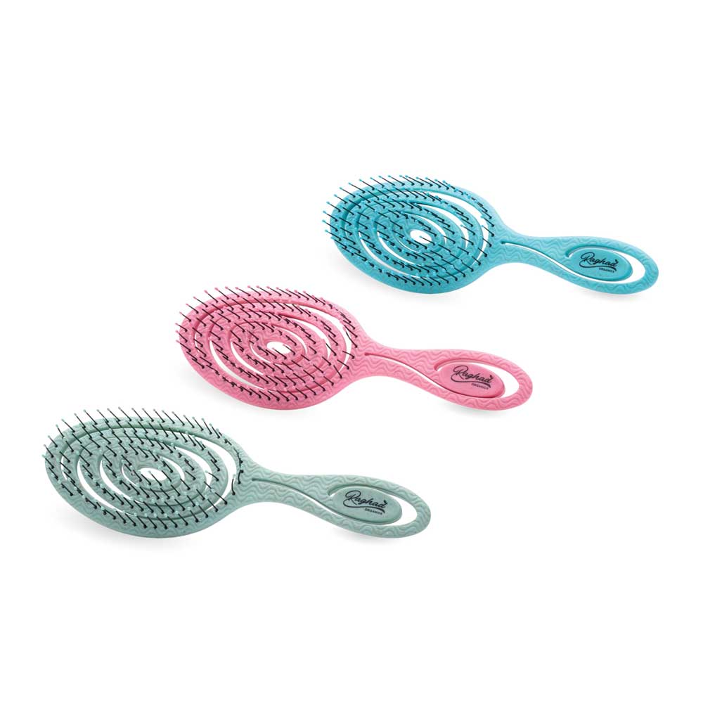 Raghad Organics Anti Hair Loss Brushes in Blue, Pink, and Green, showcasing ergonomic design and tangle-free bristles