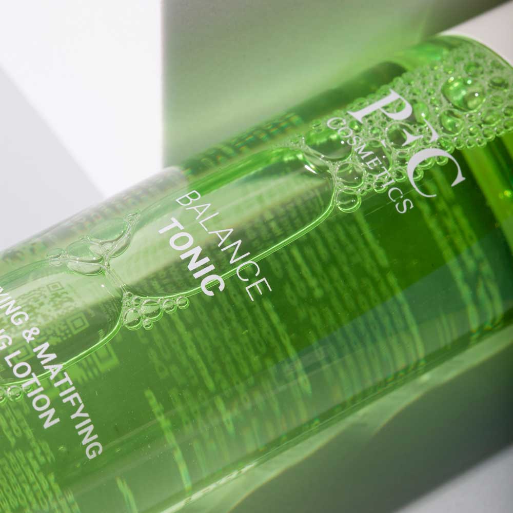 PFC Balance Tonic bottle highlighting skin-balancing, hydrating, and soothing properties.