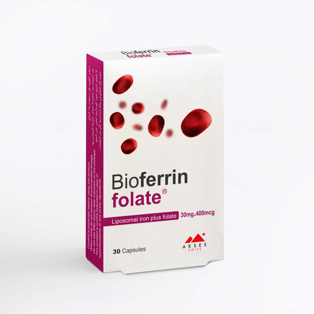 Bioferrin Folate dietary supplement with liposomal iron and 4th generation folic acid, supports iron absorption and blood health.