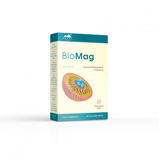 BioMag Liposomal Magnesium with Vitamin B6, 30 chewable tablets for energy and muscle support.