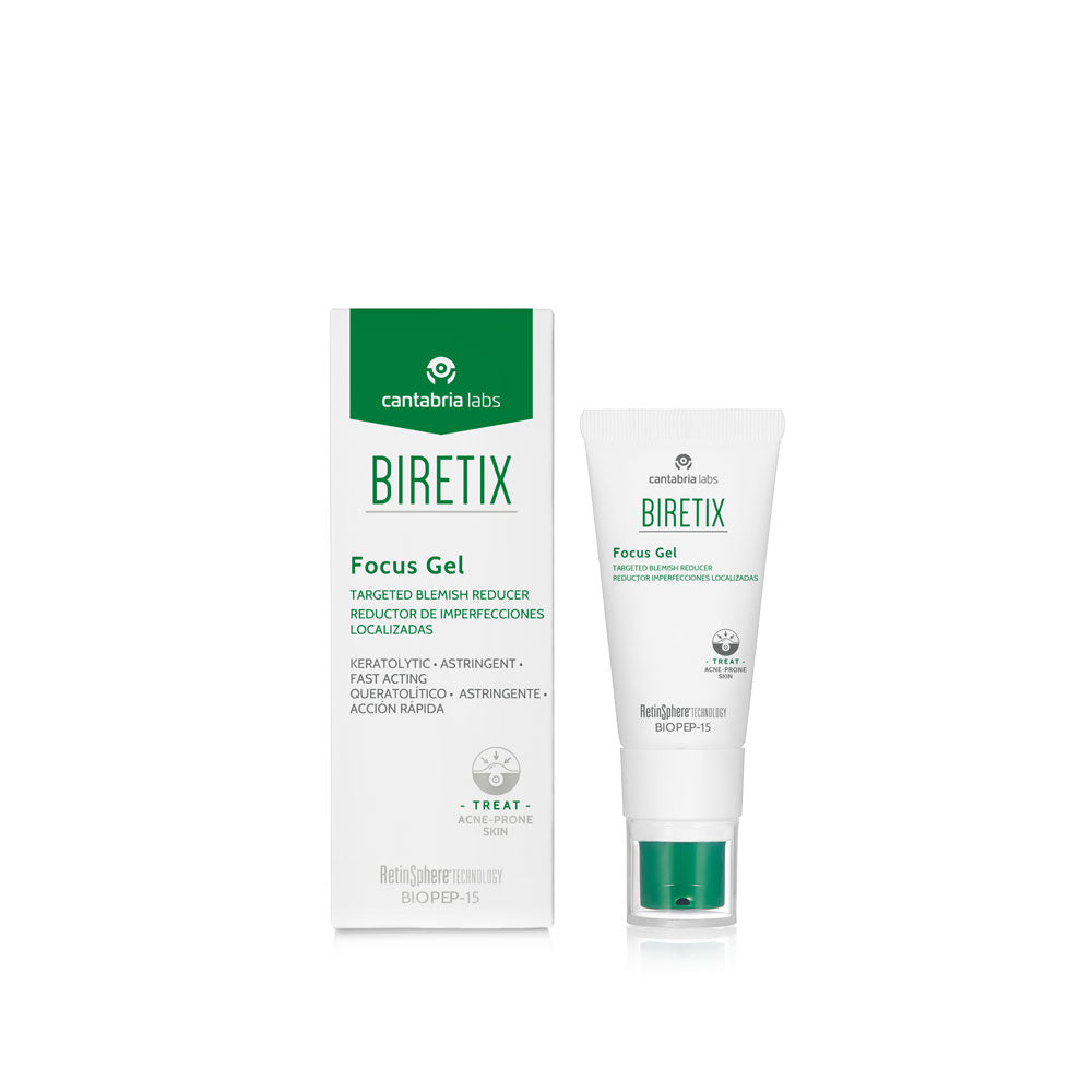 50ml tube of Biretix Focus Gel for acne-prone skin, reducing blemishes, redness, and swelling with RetinSphere® Technology.