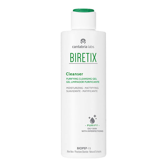 Biretix Purifying Cleansing Gel, a hydrating and mattifying cleanser for acne-prone skin.