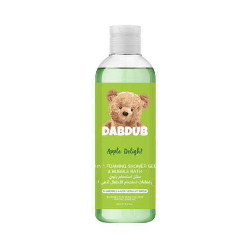 DABDUB Foaming Shower Gel & Bubble Bath, 480 ml, tear-free formula with Chamomile, Aloe Vera, and Vitamin E, Green Apple scent.