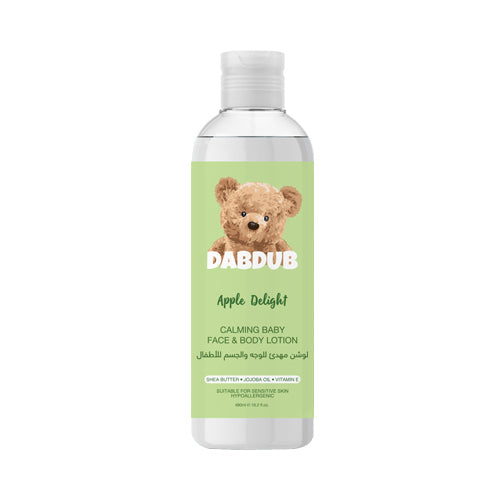 Dabdub Calming Baby Face & Body Lotion 480ml with Shea Butter, Jojoba Oil, and Vitamin E for soft, hydrated skin.