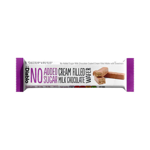 Pack of No Added Sugar Cream Filled Chocolate Coated Wafer, 30g, with Belgian milk chocolate and flaky wafer layers.