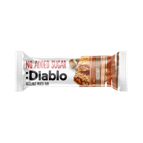 Diablo Hazelnut Muesli Bar 30g pack with no added sugar, featuring toasted oats and hazelnuts.