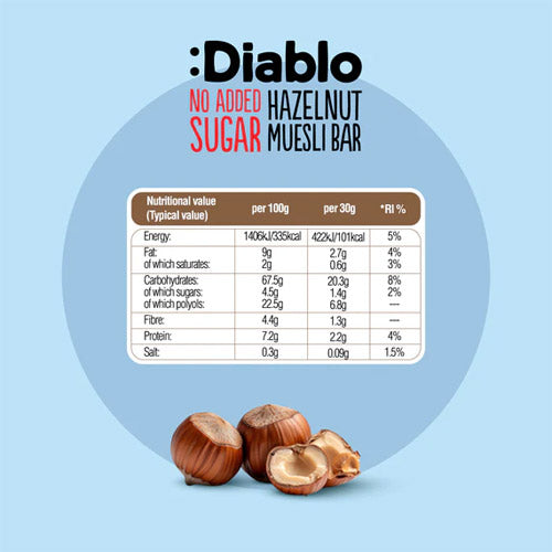 Close-up of Diablo Hazelnut Muesli Bar highlighting its no-added-sugar formula and hazelnut pieces.