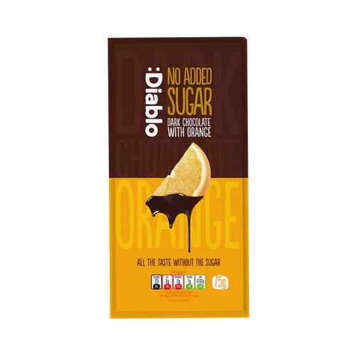 Diablo No Added Sugar Dark Chocolate with Orange, 75g bar, featuring rich cocoa and zesty orange flavor.