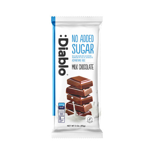 Diablo No Added Sugar Milk Chocolate Bar (85g) in sleek packaging, ideal for sugar-conscious diets.