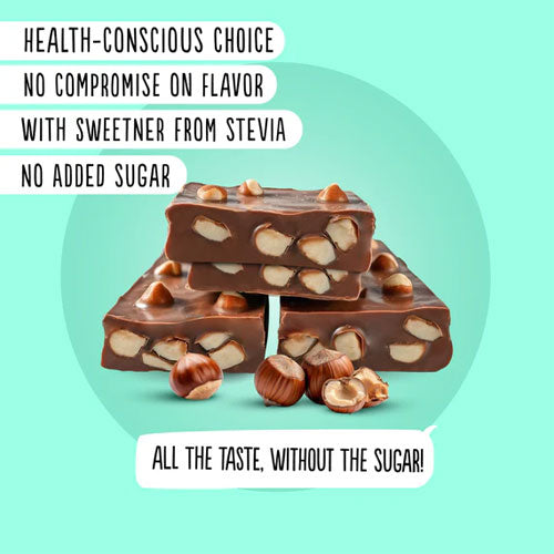 Close-up of Diablo Stevia Milk Chocolate with Hazelnuts, a sugar-free chocolate bar sweetened with stevia.