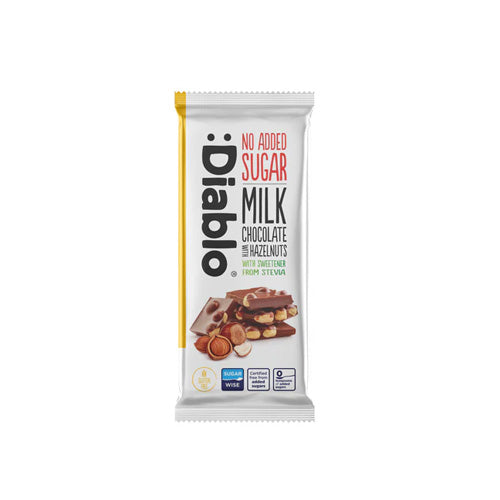 Diablo Stevia Milk Chocolate with Hazelnuts bar in 75g packaging, featuring no added sugar and 12% hazelnuts.