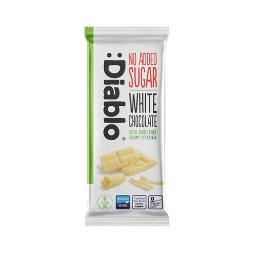 Diablo Stevia Milk White Chocolate (75g) bar in white and gold packaging, sweetened with stevia and no added sugar.