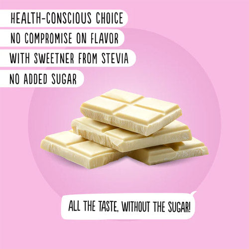 Key features of Diablo Stevia Milk White Chocolate, highlighting creamy texture, no added sugar, and stevia sweetness.