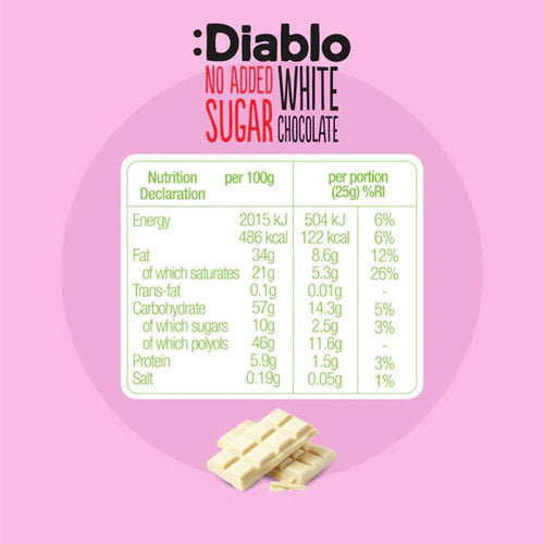 Nutritional facts of Diablo Stevia Milk White Chocolate, showing 486 kcal per 100g, 57g carbs, and 34g fat.