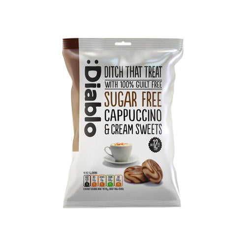 Diablo Sugar-Free Cappuccino & Cream Sweets, 75g pack, diabetic-friendly and sweetened with stevia.