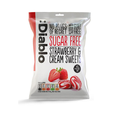 Diablo Sugar-Free Strawberry and Cream Sweets (75g) in vibrant packaging, perfect for guilt-free enjoyment.