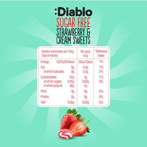 Detailed ingredient list for Diablo Sugar-Free Strawberry and Cream Sweets, highlighting stevia sweetener and allergen information.