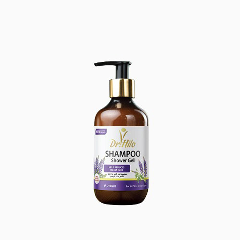 Dr. Hilo Lupine & Cypress Body Shampoo for reducing body hair growth and cleansing skin.