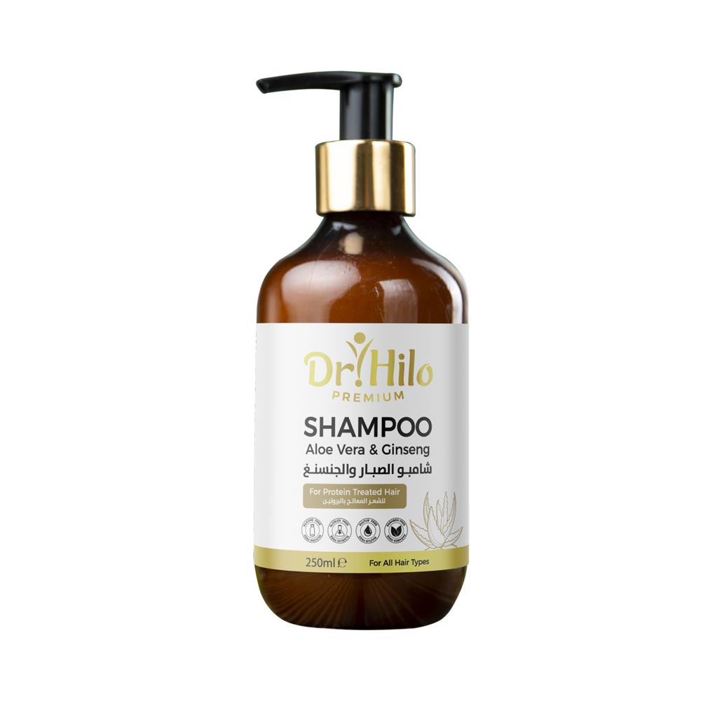 Dr. Hilo Aloe Vera &amp; Ginseng Shampoo bottle for protein-treated hair, enhancing strength and smoothness.