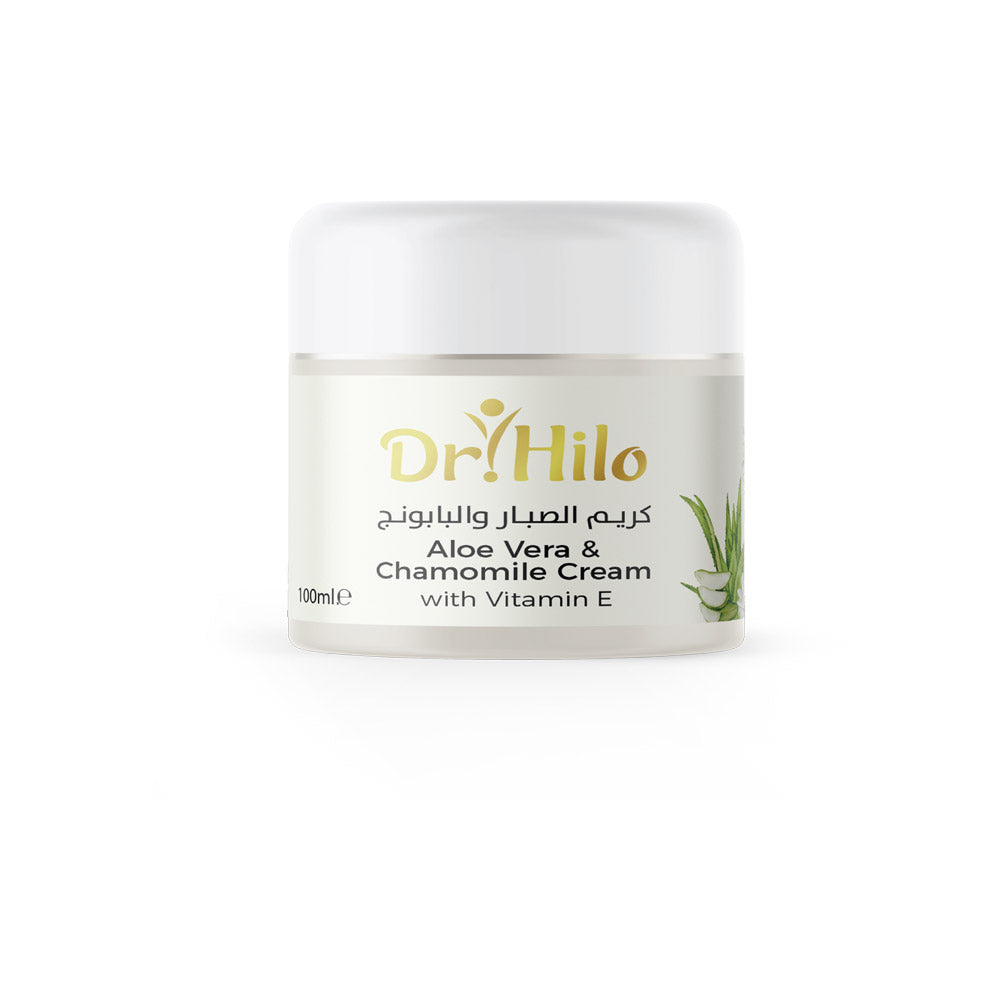 Dr. Hilo Aloe Vera & Chamomile Cream in a jar, showcasing its moisturizing and soothing properties for all skin types.