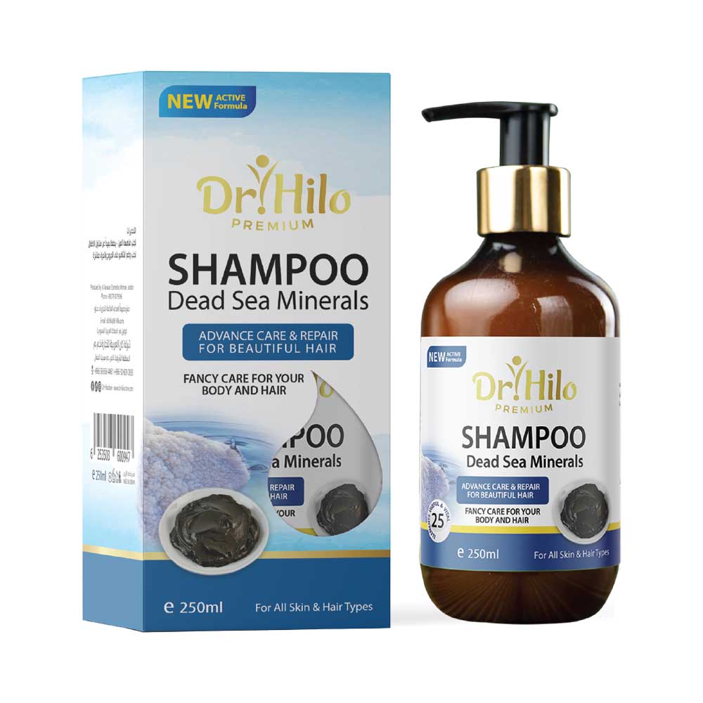 Dr.Hilo Dead Sea Mud and Salts Shampoo bottle with natural ingredients for scalp and skin health.